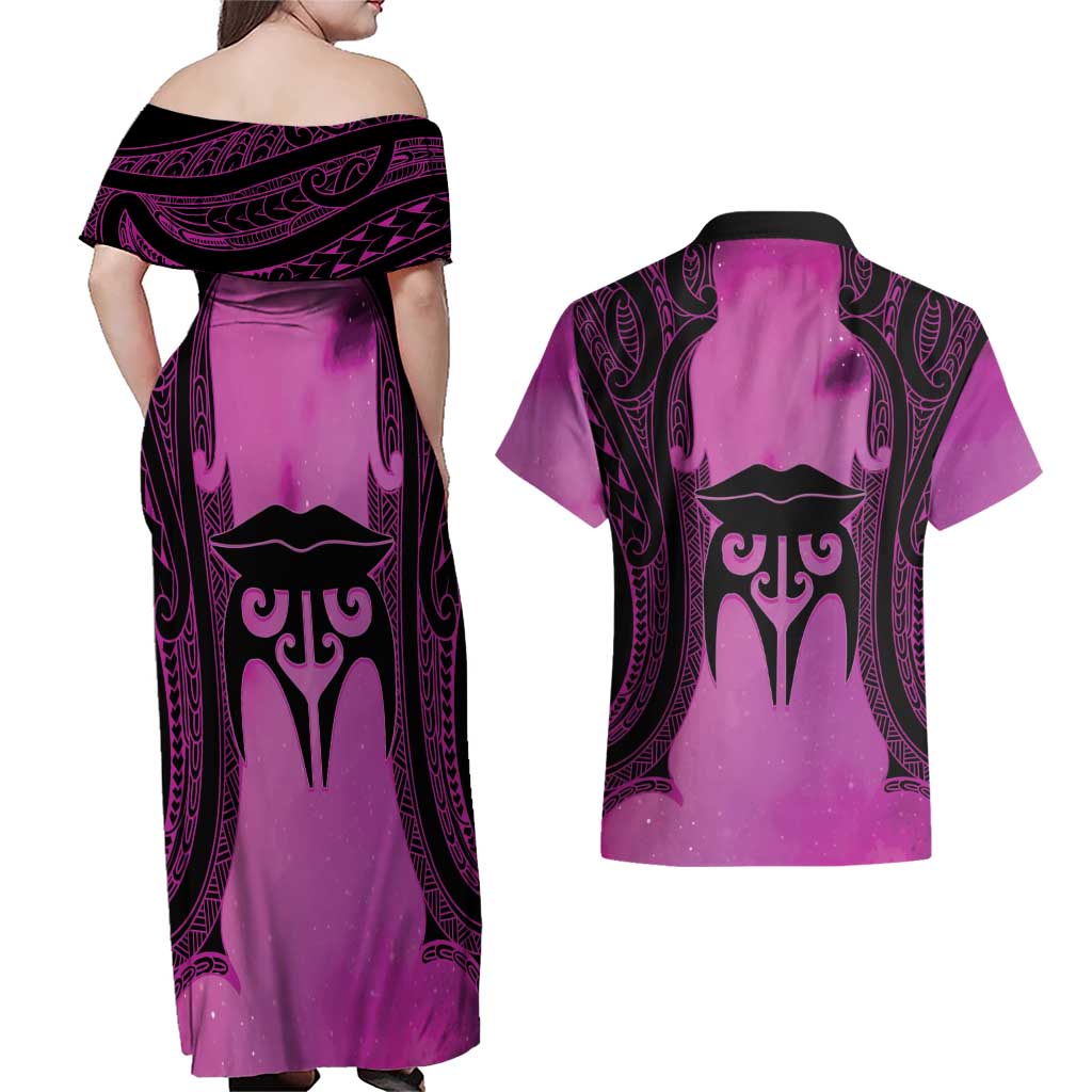 Personalised Moko Kauae New Zealand Couples Matching Off Shoulder Maxi Dress and Hawaiian Shirt Maori Chin Tattoo Pink - Aussie Hoodie