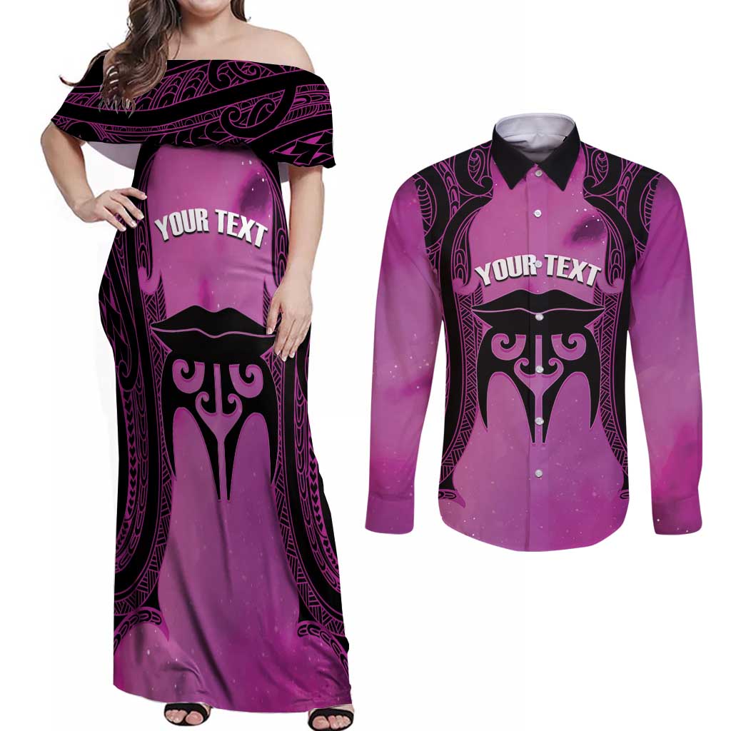 Personalised Moko Kauae New Zealand Couples Matching Off Shoulder Maxi Dress and Long Sleeve Button Shirt Maori Chin Tattoo Pink - Aussie Hoodie