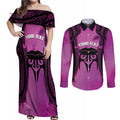 Personalised Moko Kauae New Zealand Couples Matching Off Shoulder Maxi Dress and Long Sleeve Button Shirt Maori Chin Tattoo Pink - Aussie Hoodie