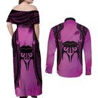 Personalised Moko Kauae New Zealand Couples Matching Off Shoulder Maxi Dress and Long Sleeve Button Shirt Maori Chin Tattoo Pink - Aussie Hoodie