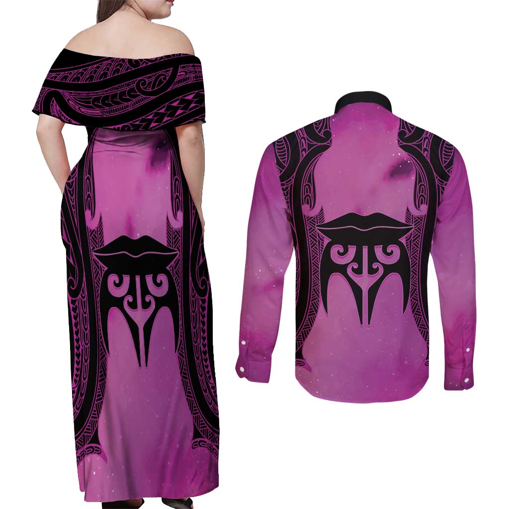 Personalised Moko Kauae New Zealand Couples Matching Off Shoulder Maxi Dress and Long Sleeve Button Shirt Maori Chin Tattoo Pink - Aussie Hoodie