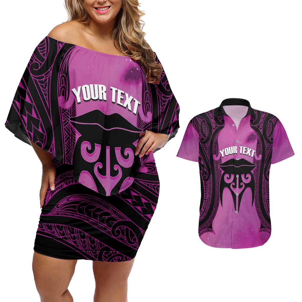 Personalised Moko Kauae New Zealand Couples Matching Off Shoulder Short Dress and Hawaiian Shirt Maori Chin Tattoo Pink - Aussie Hoodie