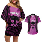 Personalised Moko Kauae New Zealand Couples Matching Off Shoulder Short Dress and Hawaiian Shirt Maori Chin Tattoo Pink - Aussie Hoodie