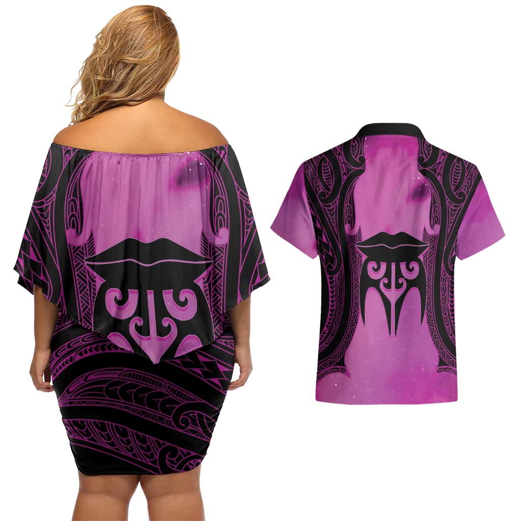 Personalised Moko Kauae New Zealand Couples Matching Off Shoulder Short Dress and Hawaiian Shirt Maori Chin Tattoo Pink - Aussie Hoodie