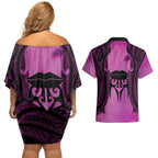 Personalised Moko Kauae New Zealand Couples Matching Off Shoulder Short Dress and Hawaiian Shirt Maori Chin Tattoo Pink - Aussie Hoodie