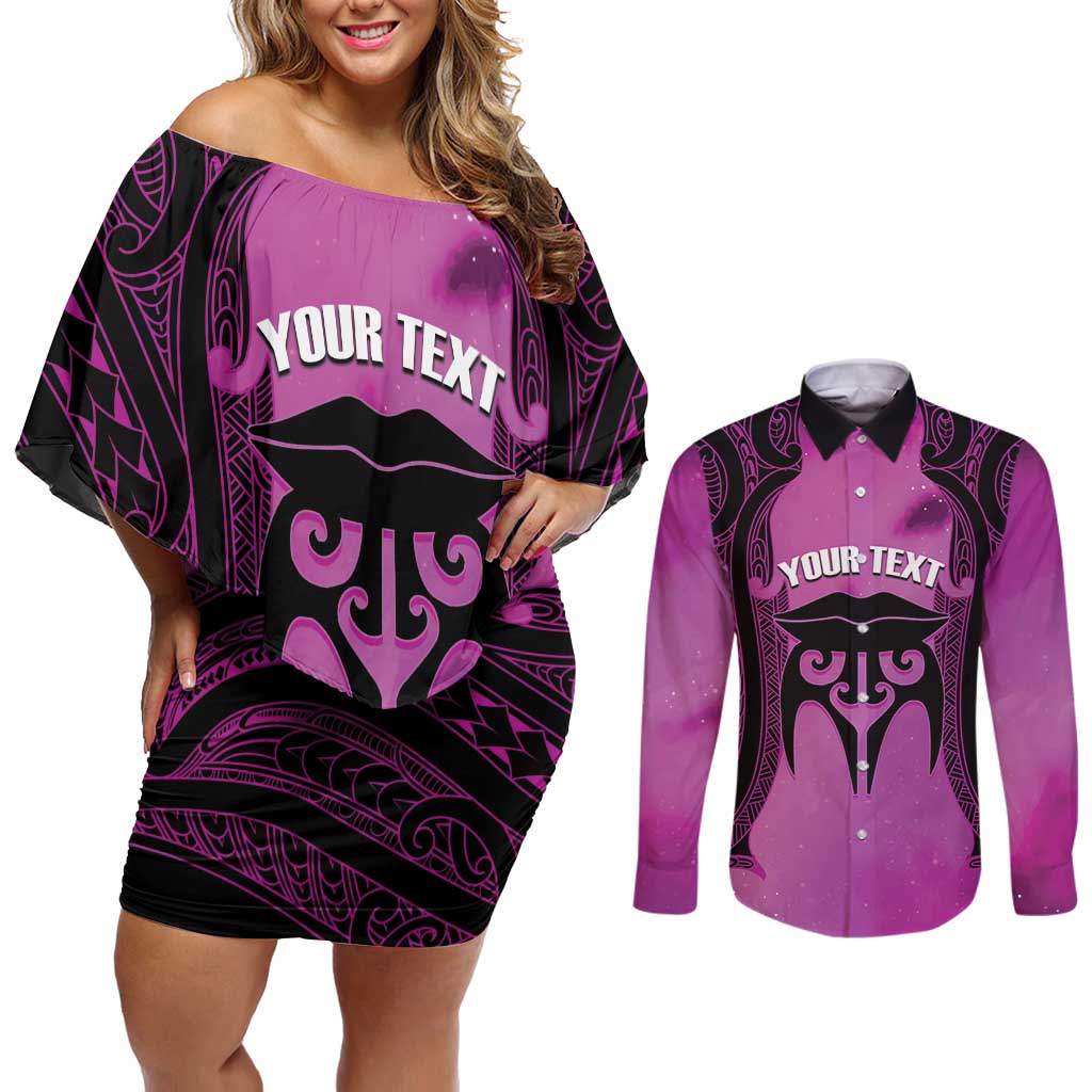 Personalised Moko Kauae New Zealand Couples Matching Off Shoulder Short Dress and Long Sleeve Button Shirt Maori Chin Tattoo Pink - Aussie Hoodie