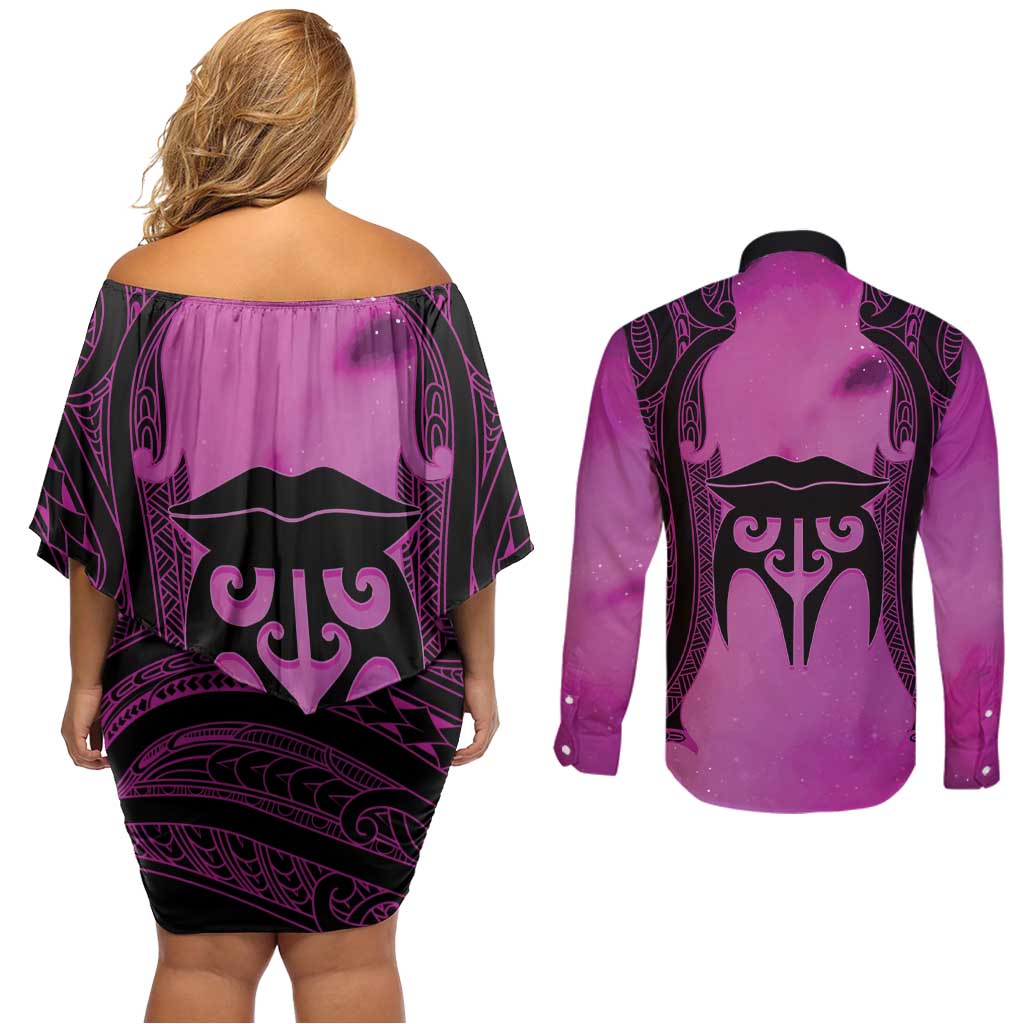 Personalised Moko Kauae New Zealand Couples Matching Off Shoulder Short Dress and Long Sleeve Button Shirt Maori Chin Tattoo Pink - Aussie Hoodie