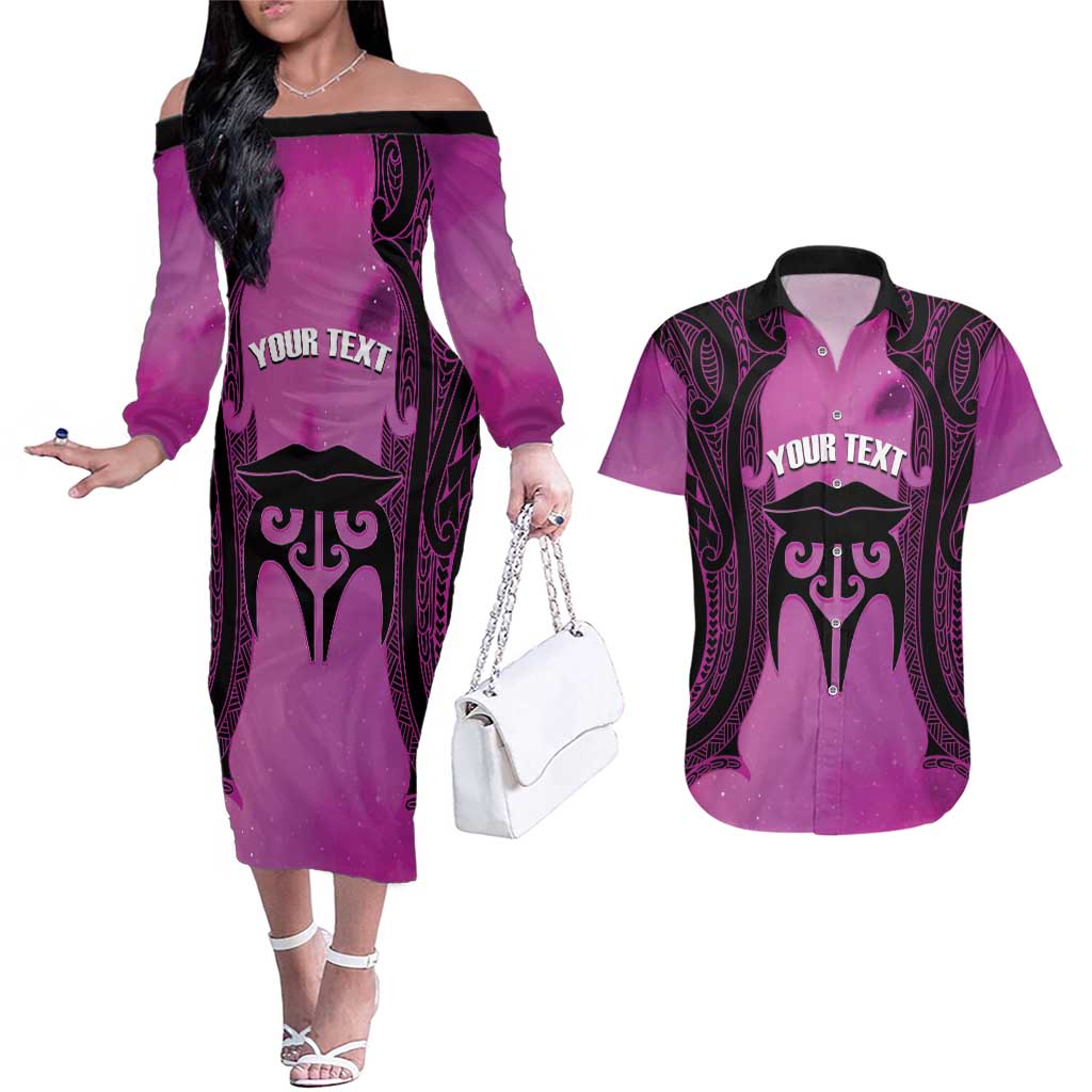 Personalised Moko Kauae New Zealand Couples Matching Off The Shoulder Long Sleeve Dress and Hawaiian Shirt Maori Chin Tattoo Pink - Aussie Hoodie