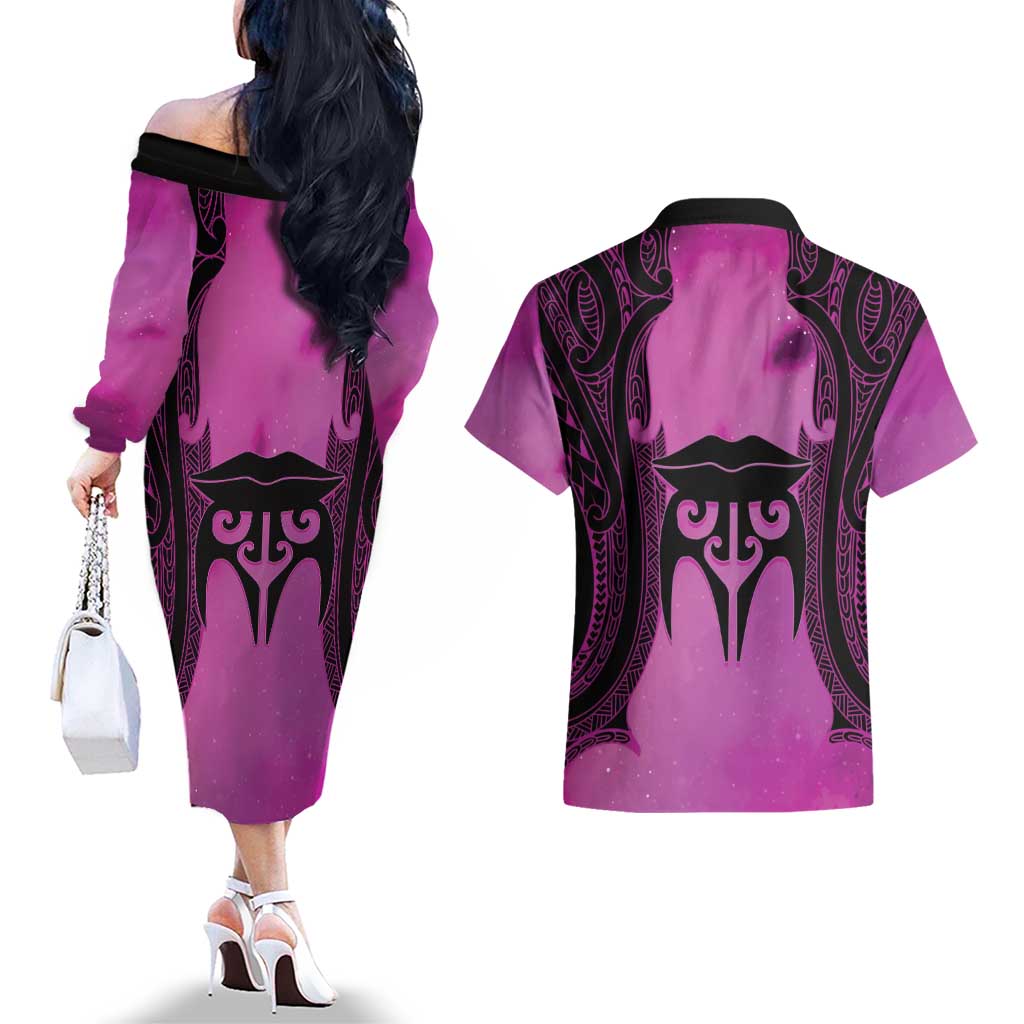 Personalised Moko Kauae New Zealand Couples Matching Off The Shoulder Long Sleeve Dress and Hawaiian Shirt Maori Chin Tattoo Pink - Aussie Hoodie