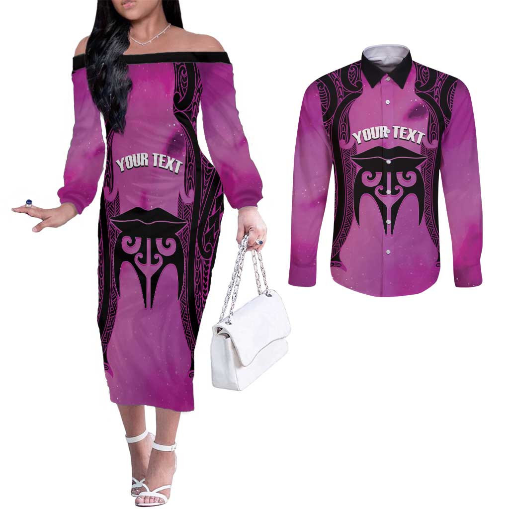 Personalised Moko Kauae New Zealand Couples Matching Off The Shoulder Long Sleeve Dress and Long Sleeve Button Shirt Maori Chin Tattoo Pink - undefined