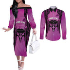Personalised Moko Kauae New Zealand Couples Matching Off The Shoulder Long Sleeve Dress and Long Sleeve Button Shirt Maori Chin Tattoo Pink - undefined