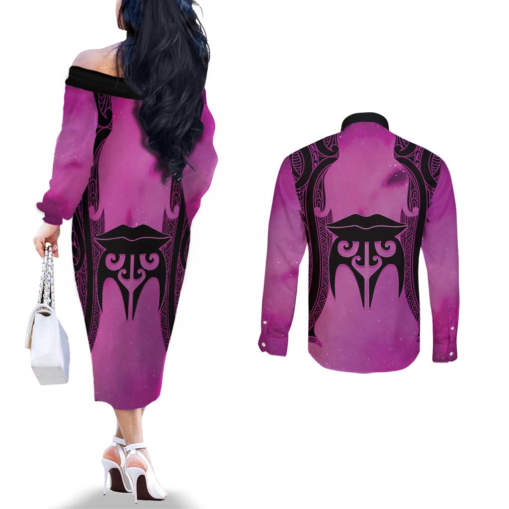 Personalised Moko Kauae New Zealand Couples Matching Off The Shoulder Long Sleeve Dress and Long Sleeve Button Shirt Maori Chin Tattoo Pink - undefined