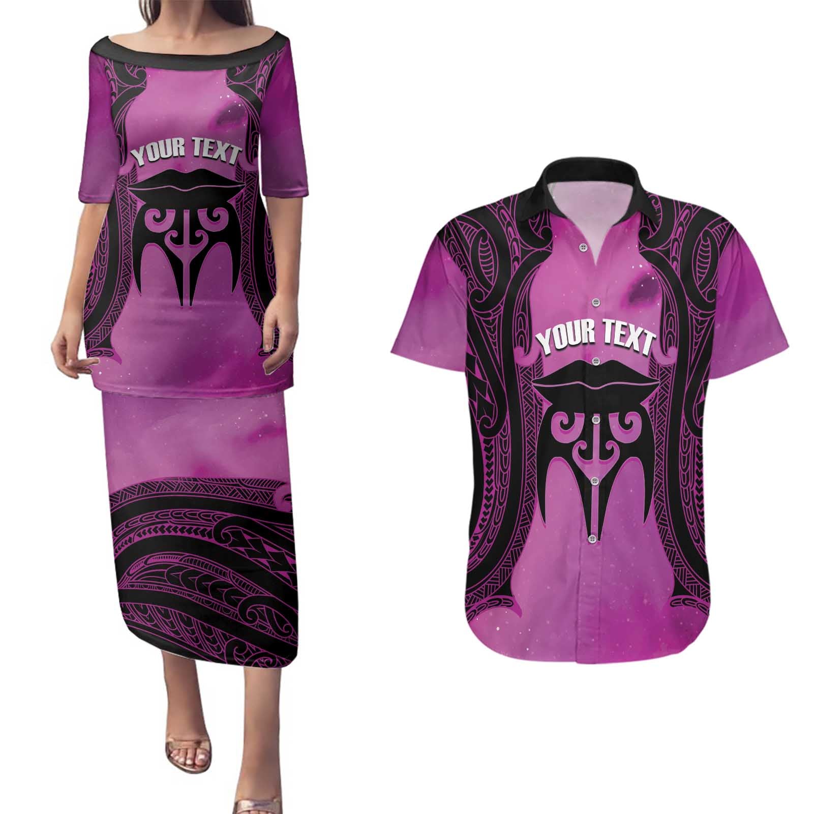 Personalised Moko Kauae New Zealand Couples Matching Puletasi and Hawaiian Shirt Maori Chin Tattoo Pink - Aussie Hoodie