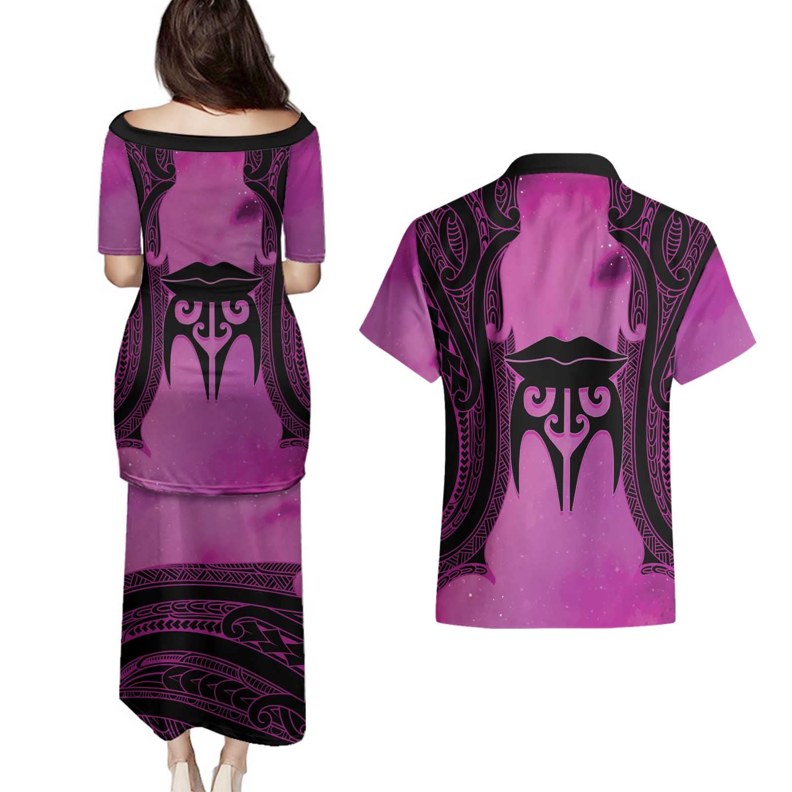Personalised Moko Kauae New Zealand Couples Matching Puletasi and Hawaiian Shirt Maori Chin Tattoo Pink - Aussie Hoodie