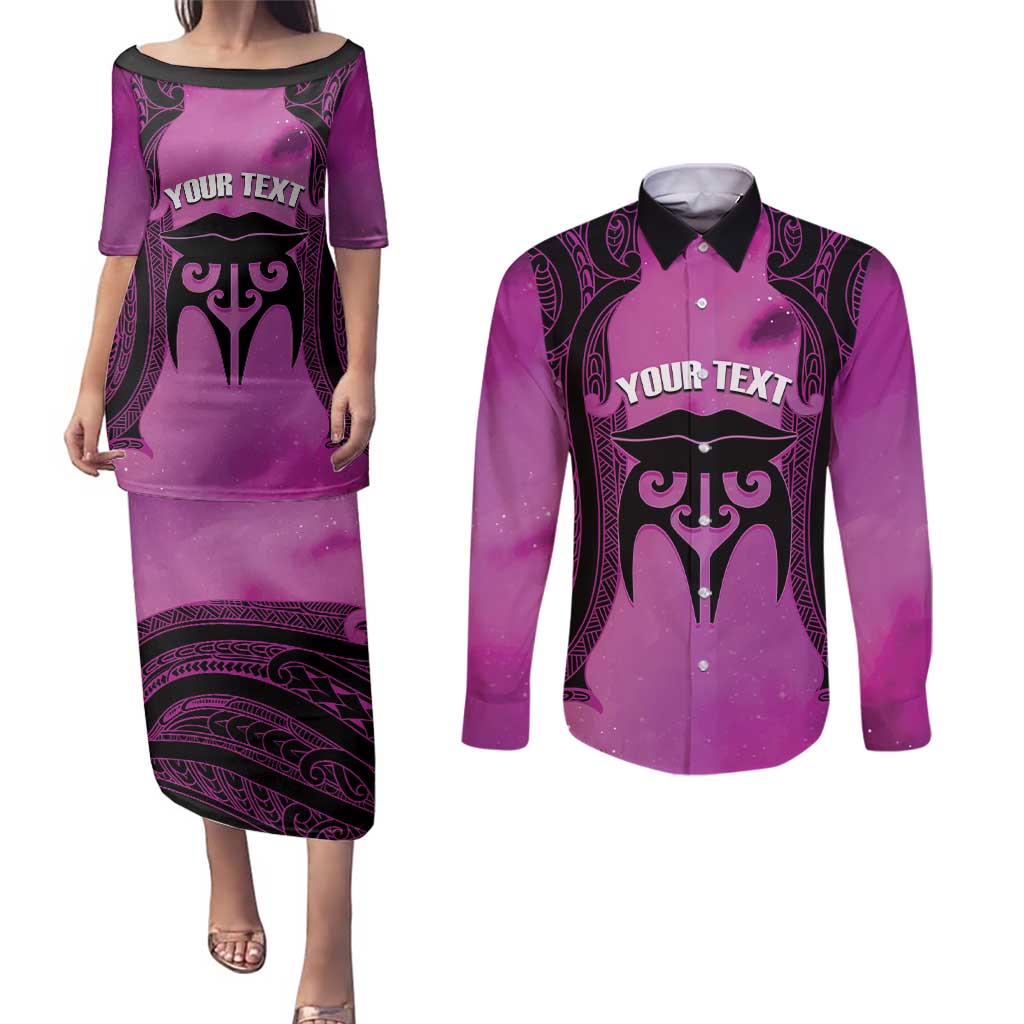 Personalised Moko Kauae New Zealand Couples Matching Puletasi and Long Sleeve Button Shirt Maori Chin Tattoo Pink - Aussie Hoodie