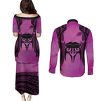Personalised Moko Kauae New Zealand Couples Matching Puletasi and Long Sleeve Button Shirt Maori Chin Tattoo Pink - Aussie Hoodie