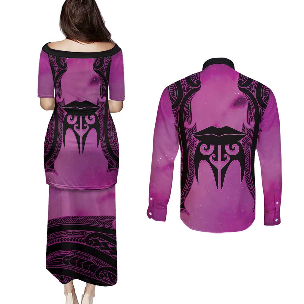 Personalised Moko Kauae New Zealand Couples Matching Puletasi and Long Sleeve Button Shirt Maori Chin Tattoo Pink - Aussie Hoodie