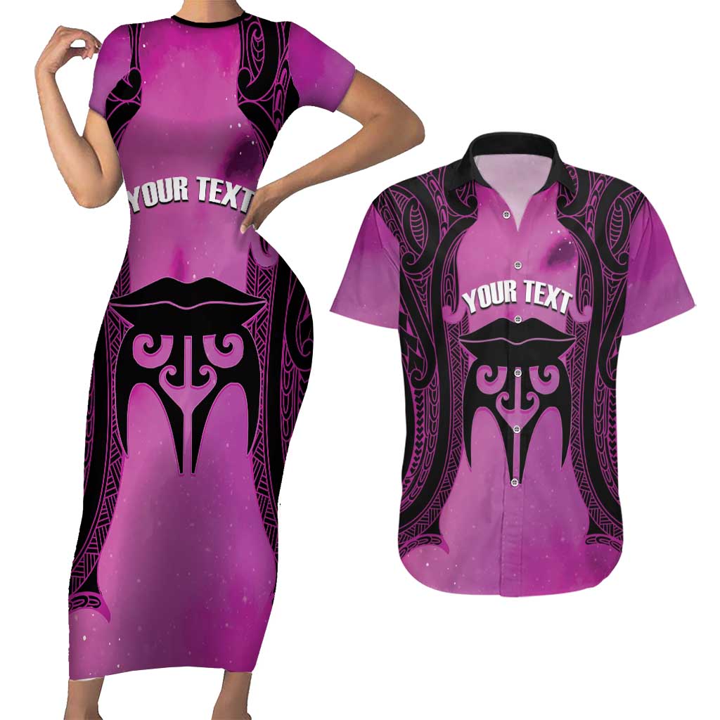 Personalised Moko Kauae New Zealand Couples Matching Short Sleeve Bodycon Dress and Hawaiian Shirt Maori Chin Tattoo Pink - Aussie Hoodie