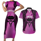 Personalised Moko Kauae New Zealand Couples Matching Short Sleeve Bodycon Dress and Hawaiian Shirt Maori Chin Tattoo Pink - Aussie Hoodie