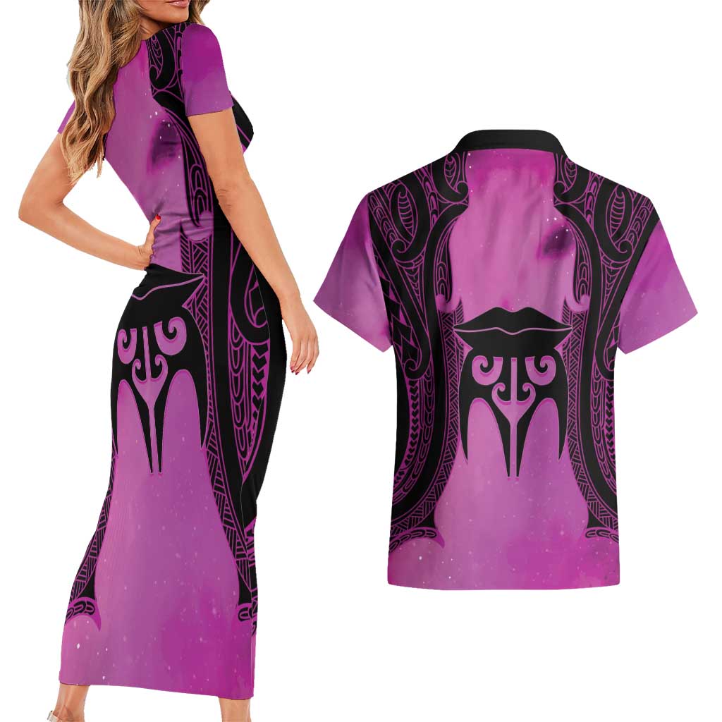 Personalised Moko Kauae New Zealand Couples Matching Short Sleeve Bodycon Dress and Hawaiian Shirt Maori Chin Tattoo Pink - Aussie Hoodie