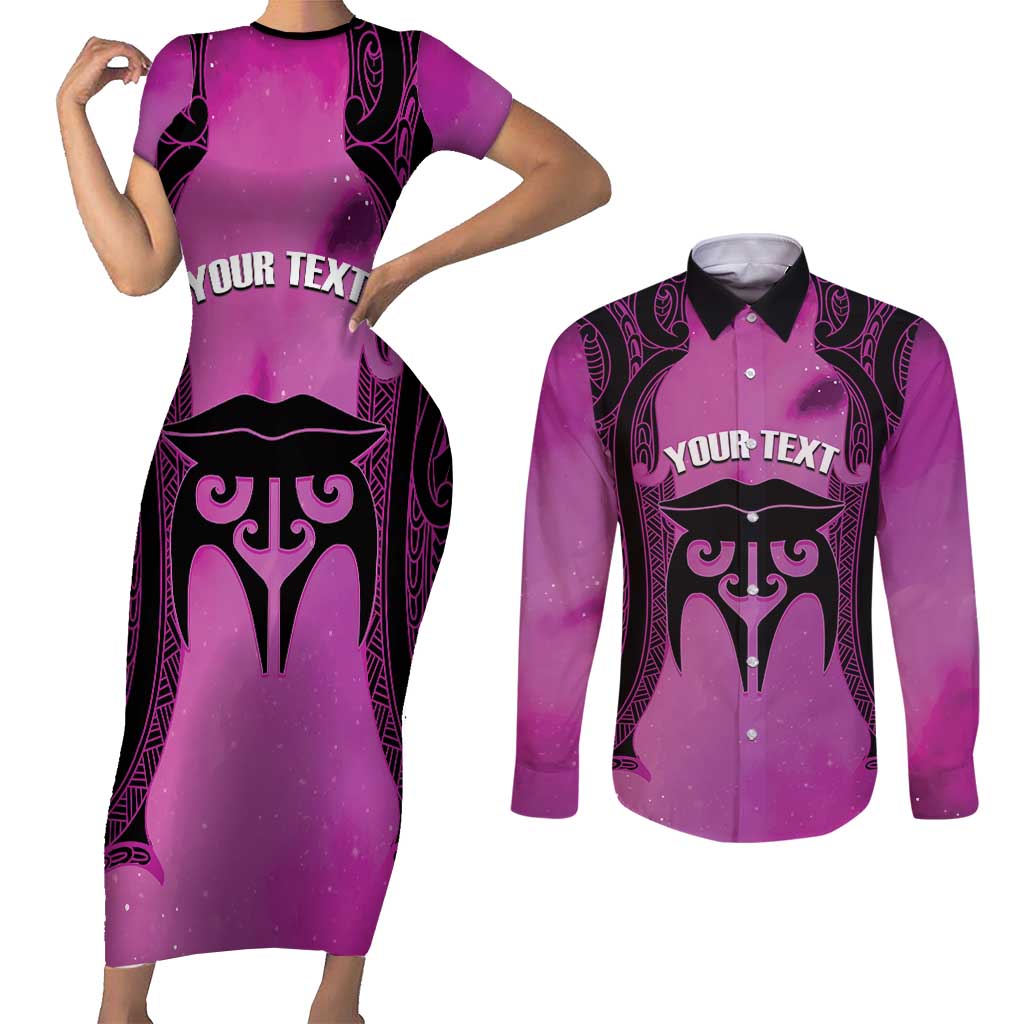 Personalised Moko Kauae New Zealand Couples Matching Short Sleeve Bodycon Dress and Long Sleeve Button Shirt Maori Chin Tattoo Pink - Aussie Hoodie