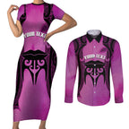 Personalised Moko Kauae New Zealand Couples Matching Short Sleeve Bodycon Dress and Long Sleeve Button Shirt Maori Chin Tattoo Pink - Aussie Hoodie