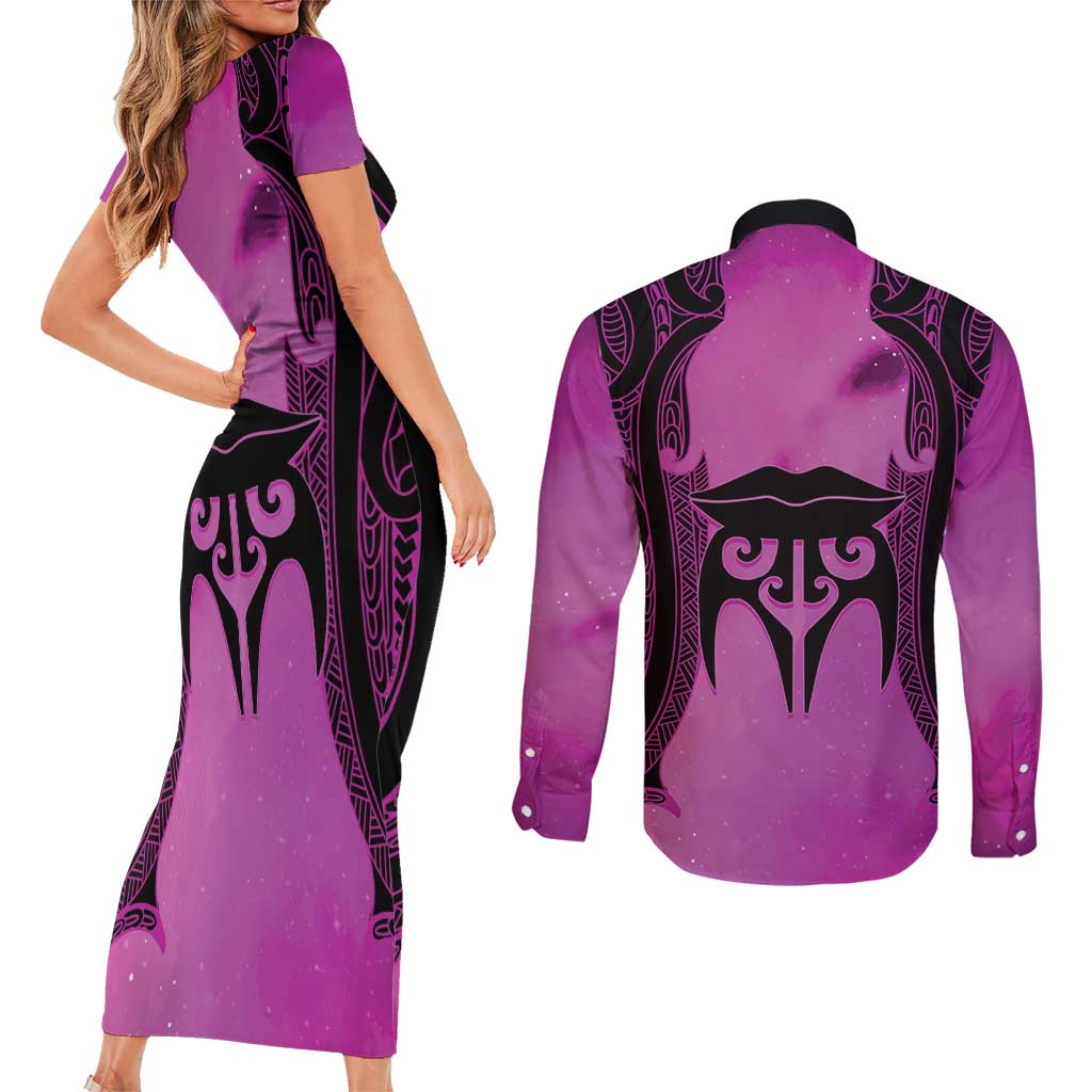 Personalised Moko Kauae New Zealand Couples Matching Short Sleeve Bodycon Dress and Long Sleeve Button Shirt Maori Chin Tattoo Pink - Aussie Hoodie
