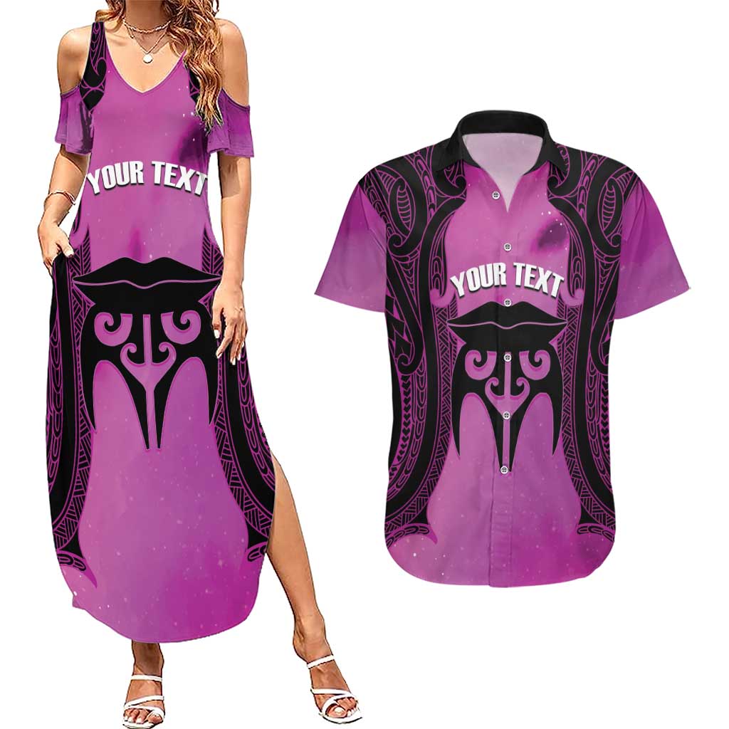 Personalised Moko Kauae New Zealand Couples Matching Summer Maxi Dress and Hawaiian Shirt Maori Chin Tattoo Pink - Aussie Hoodie
