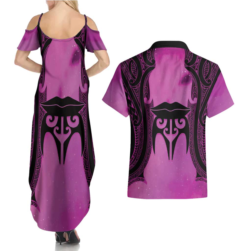 Personalised Moko Kauae New Zealand Couples Matching Summer Maxi Dress and Hawaiian Shirt Maori Chin Tattoo Pink - Aussie Hoodie