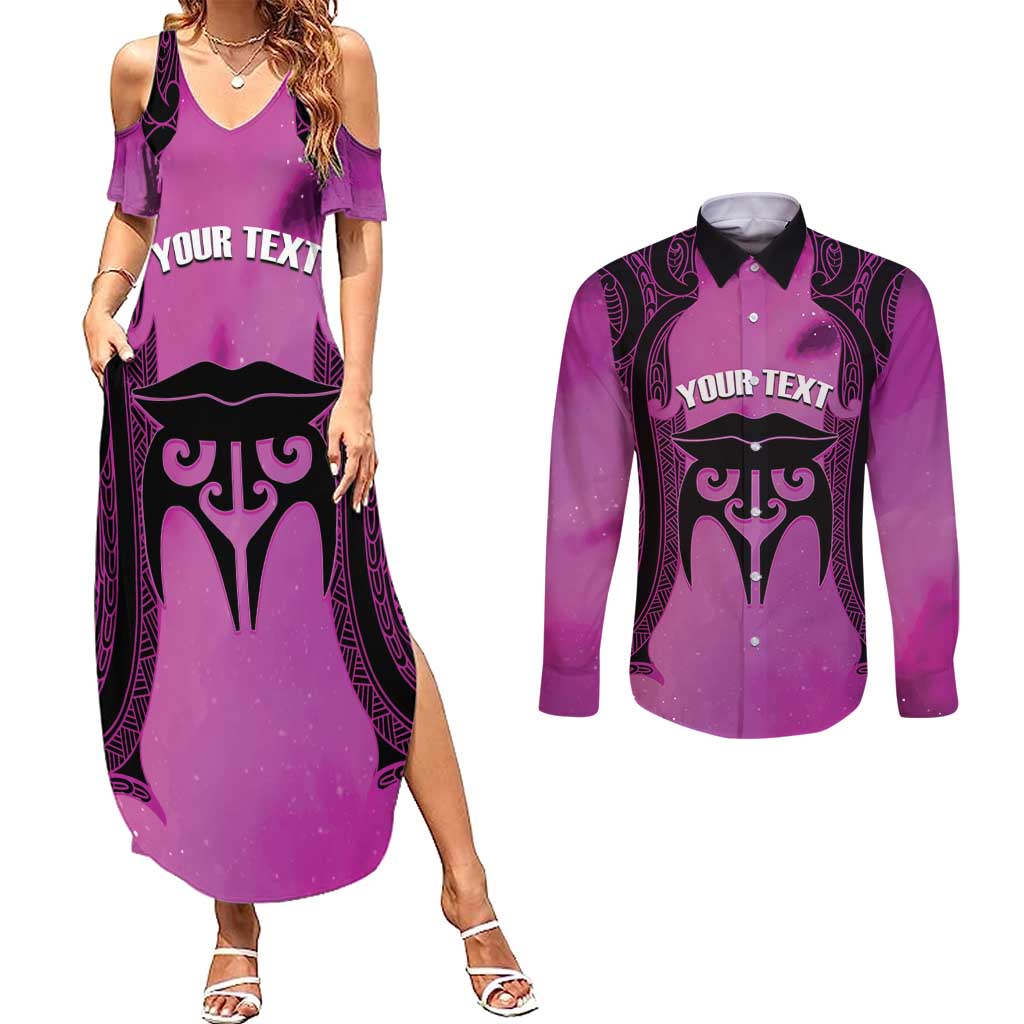 Personalised Moko Kauae New Zealand Couples Matching Summer Maxi Dress and Long Sleeve Button Shirt Maori Chin Tattoo Pink - Aussie Hoodie