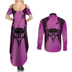 Personalised Moko Kauae New Zealand Couples Matching Summer Maxi Dress and Long Sleeve Button Shirt Maori Chin Tattoo Pink - Aussie Hoodie
