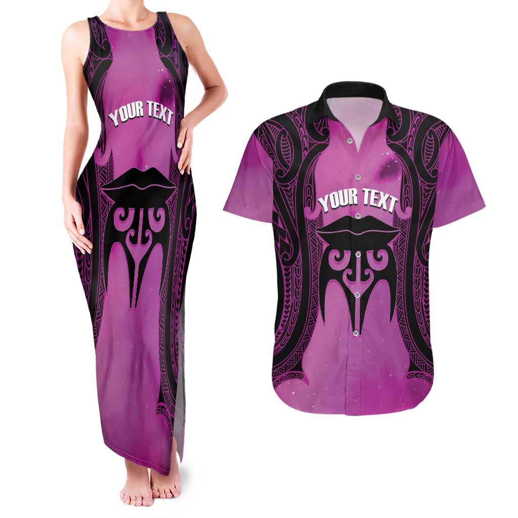 Personalised Moko Kauae New Zealand Couples Matching Tank Maxi Dress and Hawaiian Shirt Maori Chin Tattoo Pink - Aussie Hoodie