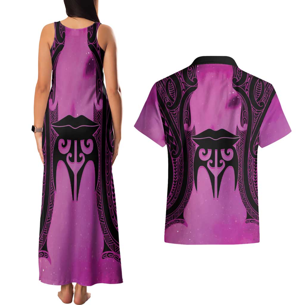 Personalised Moko Kauae New Zealand Couples Matching Tank Maxi Dress and Hawaiian Shirt Maori Chin Tattoo Pink - Aussie Hoodie