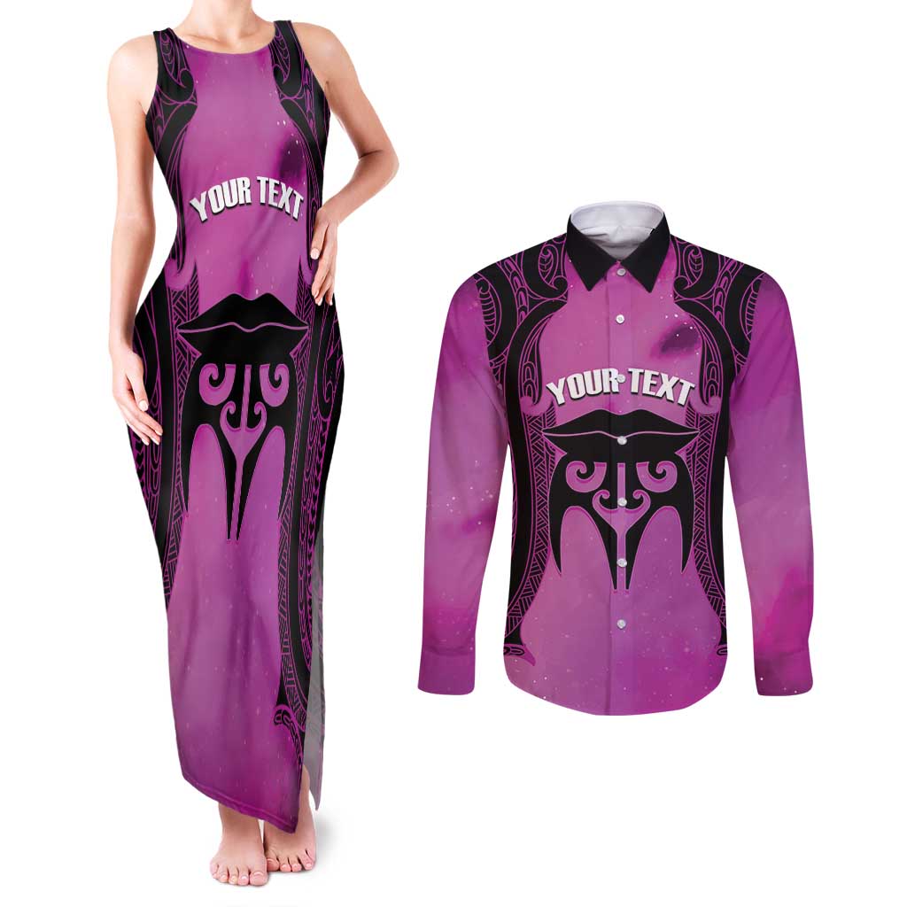Personalised Moko Kauae New Zealand Couples Matching Tank Maxi Dress and Long Sleeve Button Shirt Maori Chin Tattoo Pink - Aussie Hoodie