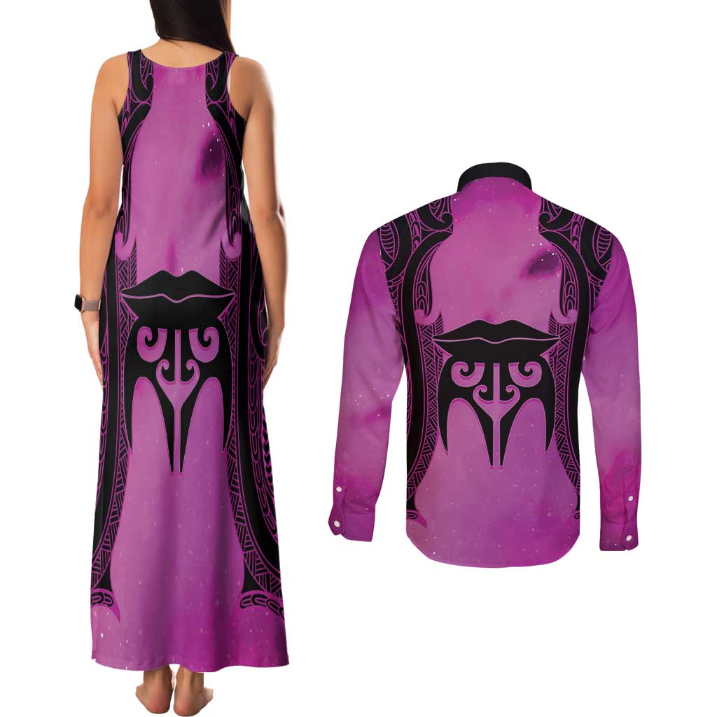 Personalised Moko Kauae New Zealand Couples Matching Tank Maxi Dress and Long Sleeve Button Shirt Maori Chin Tattoo Pink - Aussie Hoodie