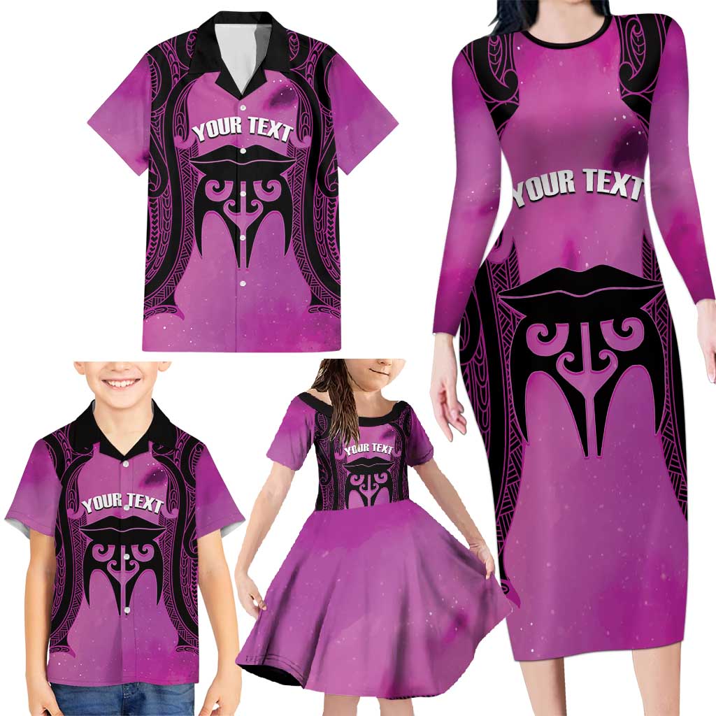 Personalised Moko Kauae New Zealand Family Matching Long Sleeve Bodycon Dress and Hawaiian Shirt Maori Chin Tattoo Pink - Aussie Hoodie
