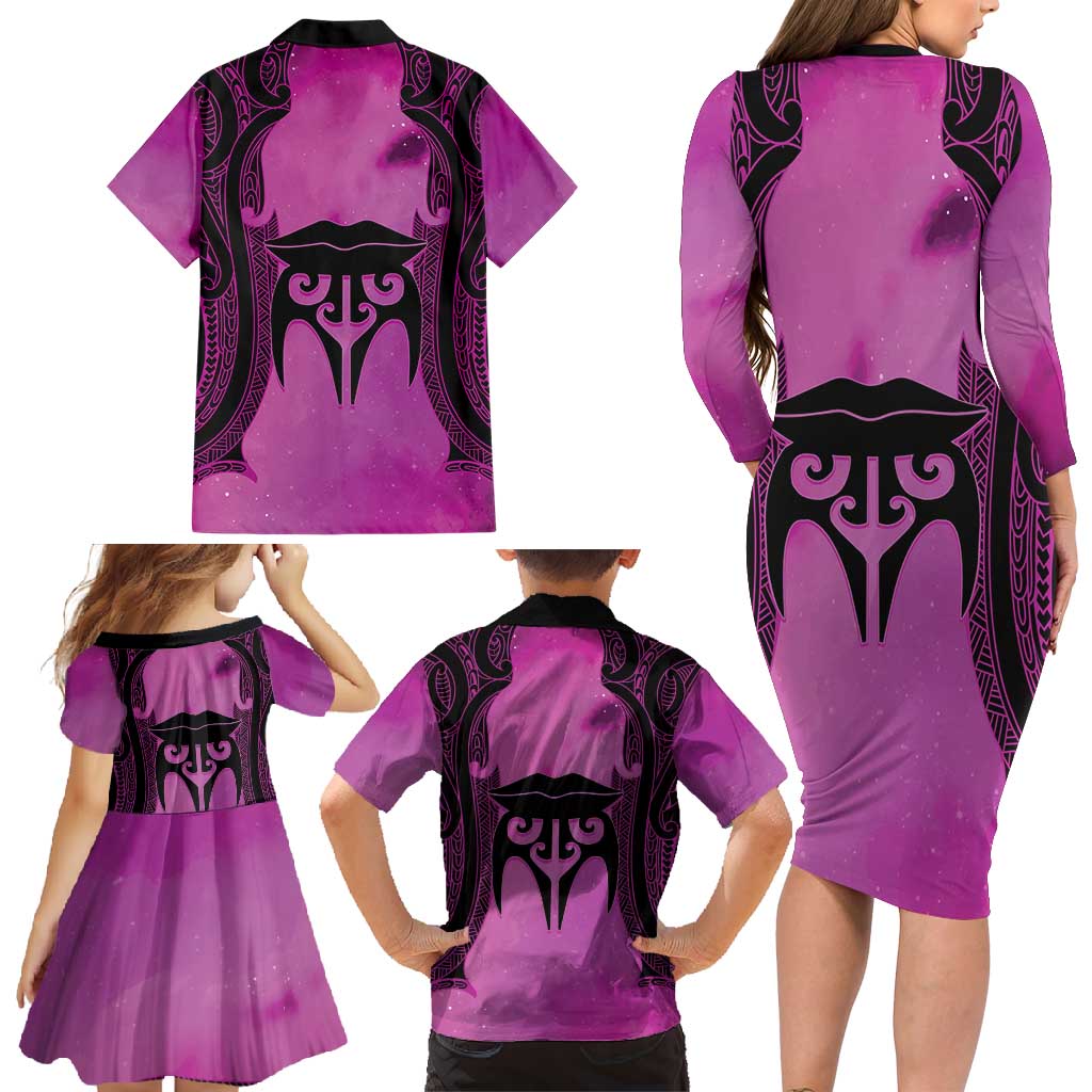 Personalised Moko Kauae New Zealand Family Matching Long Sleeve Bodycon Dress and Hawaiian Shirt Maori Chin Tattoo Pink - Aussie Hoodie