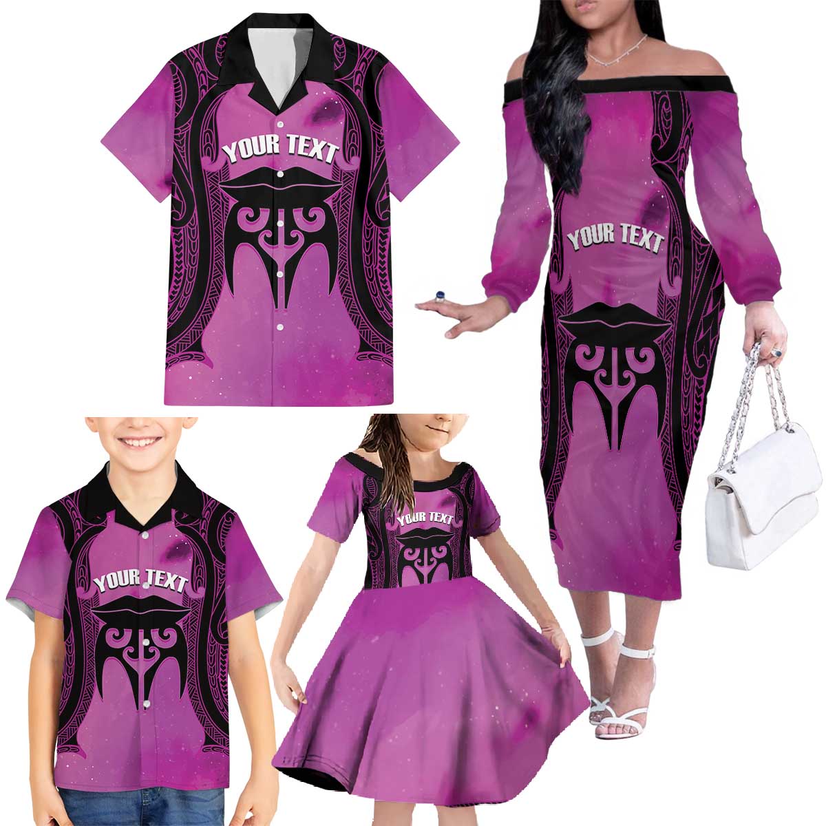 Personalised Moko Kauae New Zealand Family Matching Off The Shoulder Long Sleeve Dress and Hawaiian Shirt Maori Chin Tattoo Pink - Aussie Hoodie