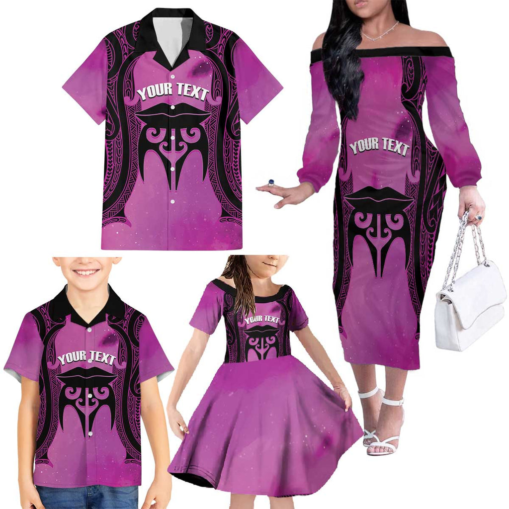 Personalised Moko Kauae New Zealand Family Matching Off The Shoulder Long Sleeve Dress and Hawaiian Shirt Maori Chin Tattoo Pink - Aussie Hoodie