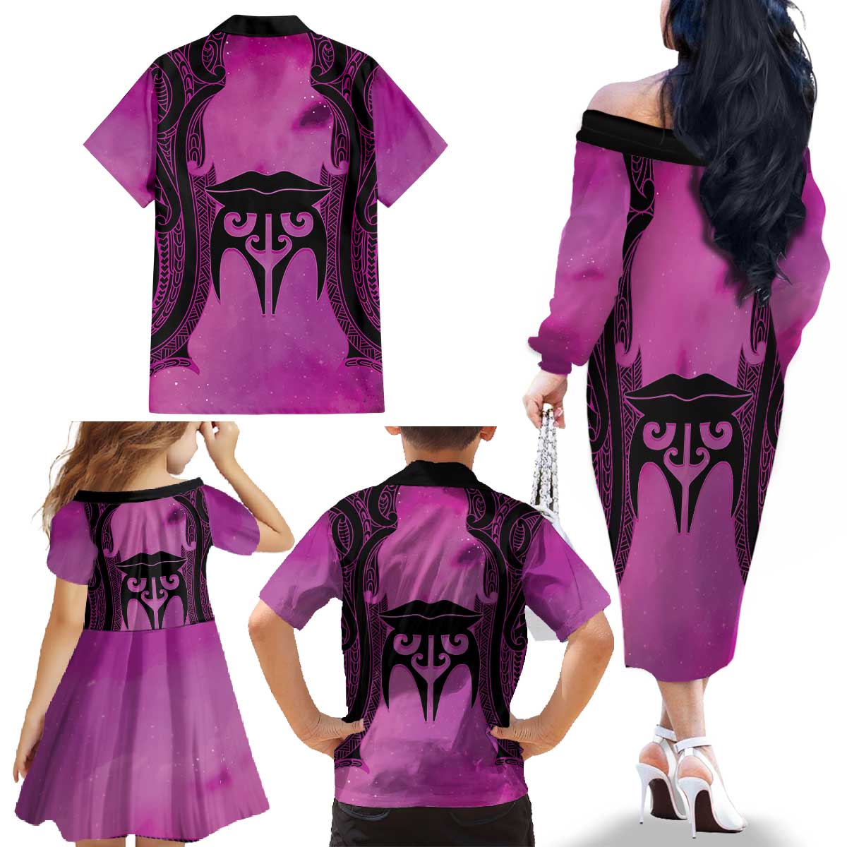 Personalised Moko Kauae New Zealand Family Matching Off The Shoulder Long Sleeve Dress and Hawaiian Shirt Maori Chin Tattoo Pink - Aussie Hoodie