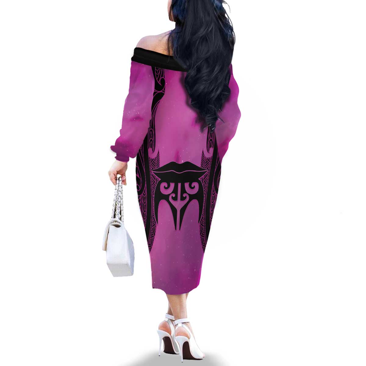 Personalised Moko Kauae New Zealand Family Matching Off The Shoulder Long Sleeve Dress and Hawaiian Shirt Maori Chin Tattoo Pink - Aussie Hoodie