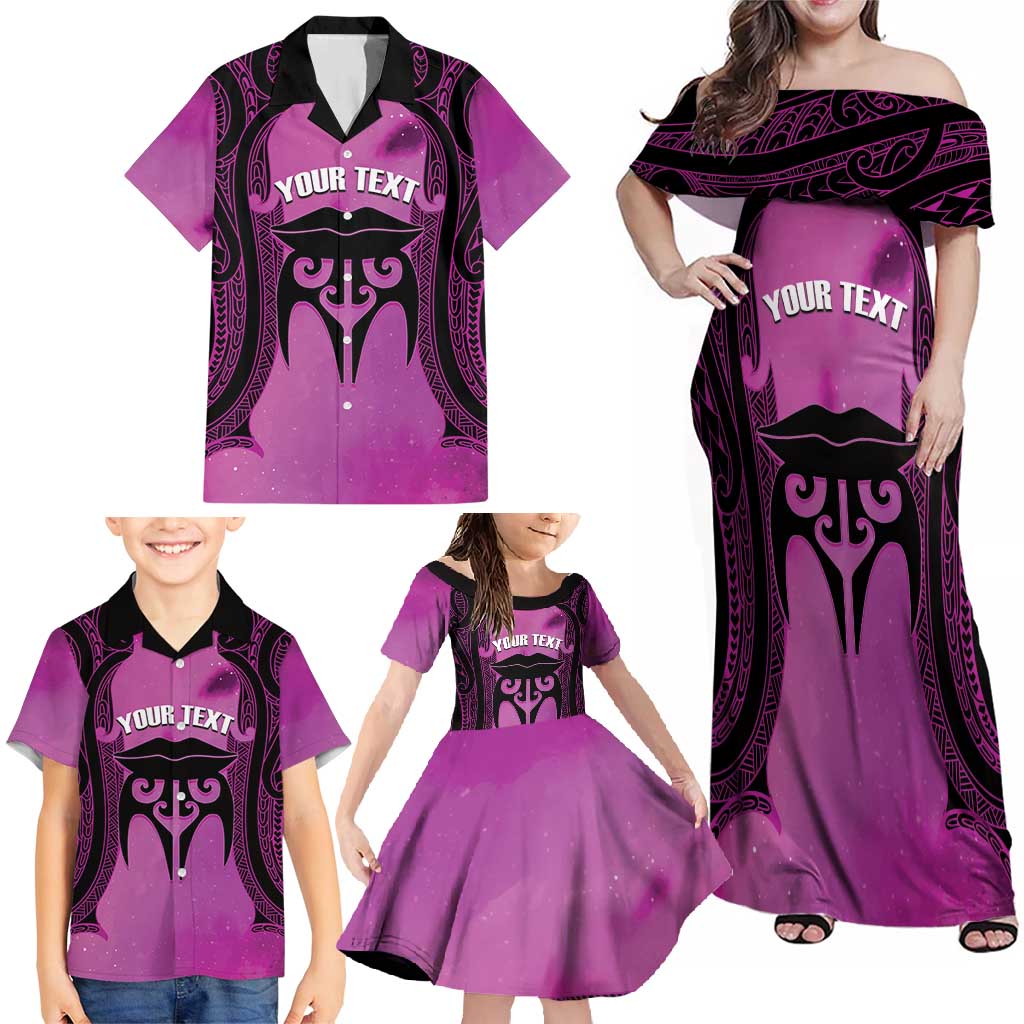Personalised Moko Kauae New Zealand Family Matching Off Shoulder Maxi Dress and Hawaiian Shirt Maori Chin Tattoo Pink - Aussie Hoodie