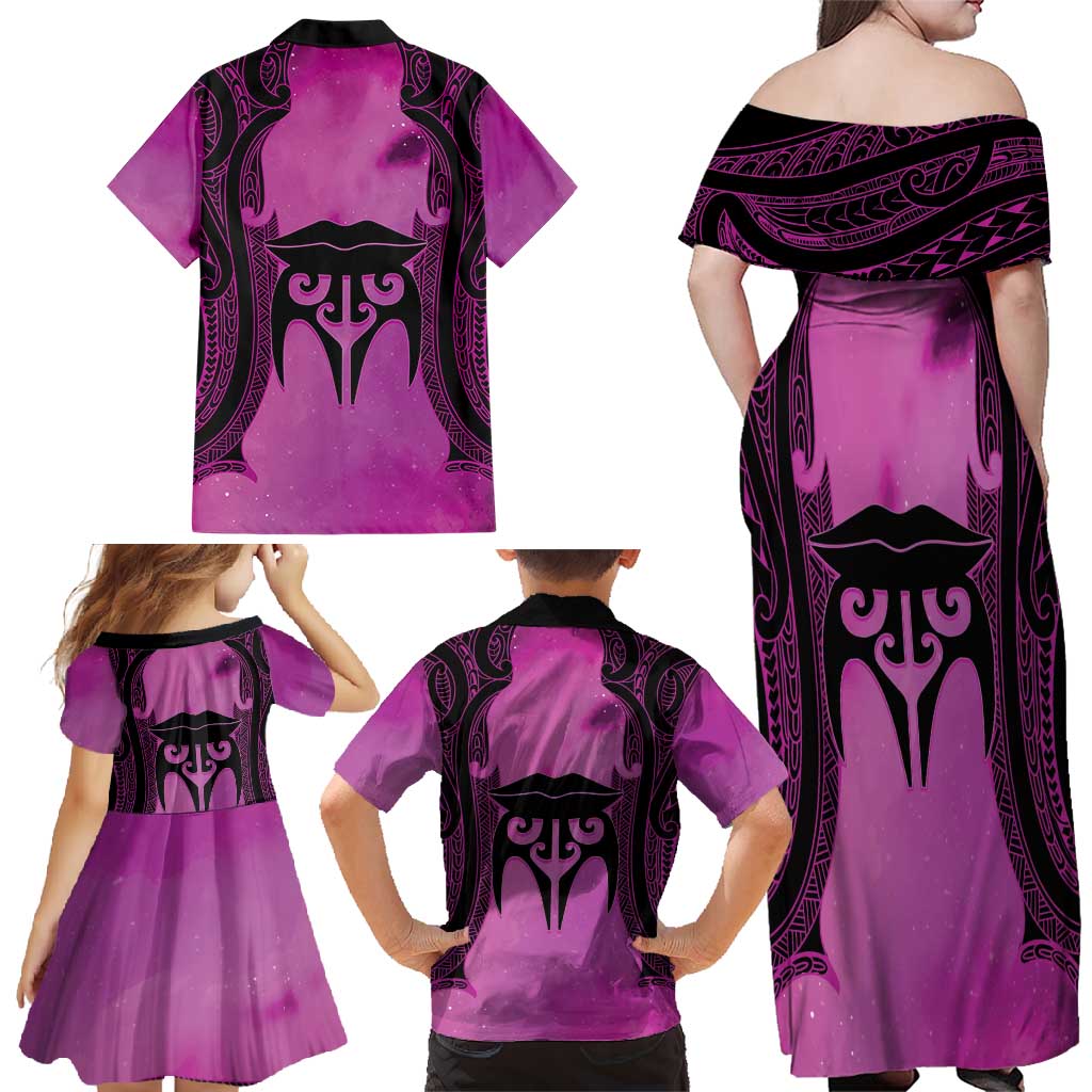 Personalised Moko Kauae New Zealand Family Matching Off Shoulder Maxi Dress and Hawaiian Shirt Maori Chin Tattoo Pink - Aussie Hoodie
