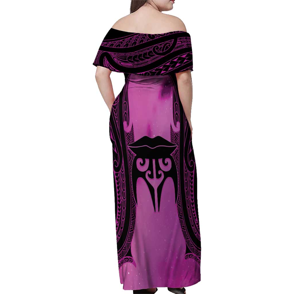 Personalised Moko Kauae New Zealand Family Matching Off Shoulder Maxi Dress and Hawaiian Shirt Maori Chin Tattoo Pink - Aussie Hoodie
