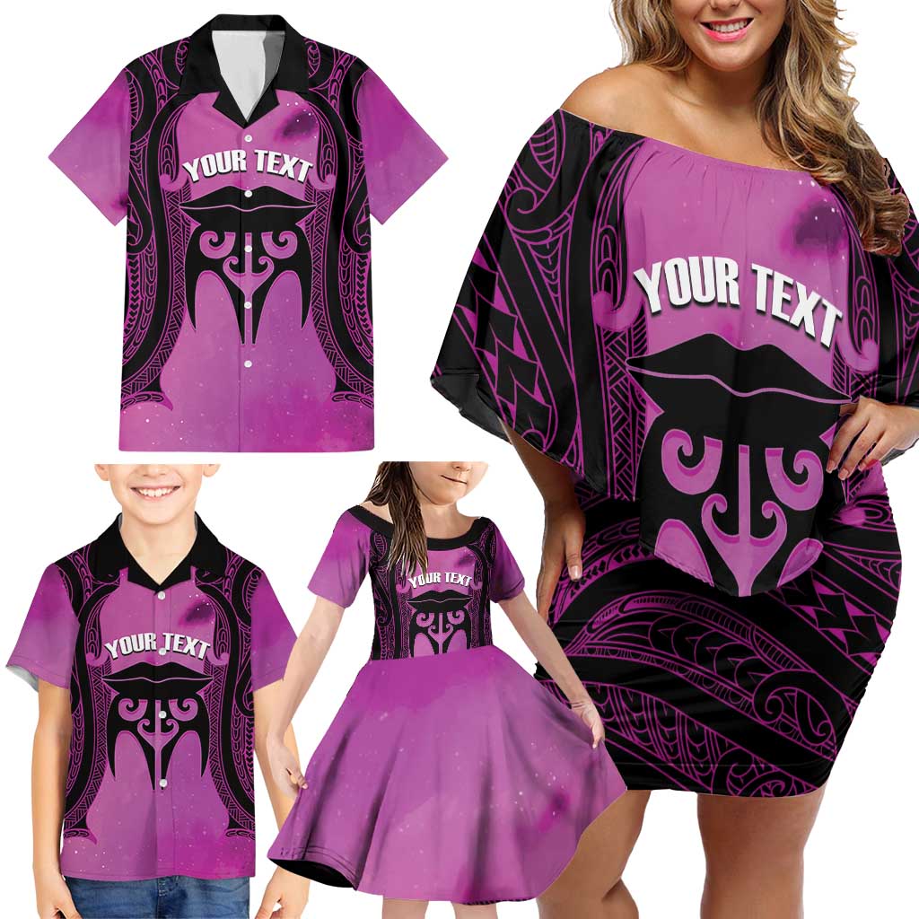 Personalised Moko Kauae New Zealand Family Matching Off Shoulder Short Dress and Hawaiian Shirt Maori Chin Tattoo Pink - Aussie Hoodie