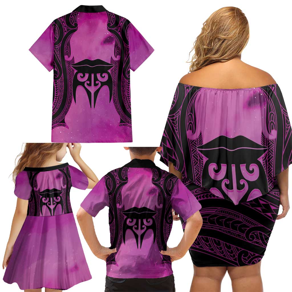 Personalised Moko Kauae New Zealand Family Matching Off Shoulder Short Dress and Hawaiian Shirt Maori Chin Tattoo Pink - Aussie Hoodie
