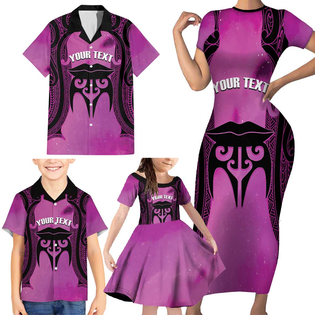 Personalised Moko Kauae New Zealand Family Matching Short Sleeve Bodycon Dress and Hawaiian Shirt Maori Chin Tattoo Pink - Aussie Hoodie