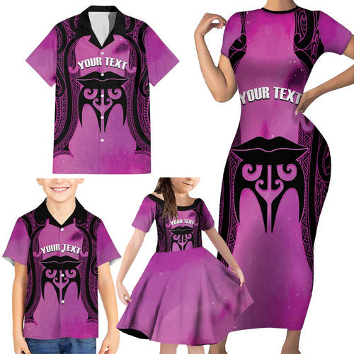 Personalised Moko Kauae New Zealand Family Matching Short Sleeve Bodycon Dress and Hawaiian Shirt Maori Chin Tattoo Pink - Aussie Hoodie