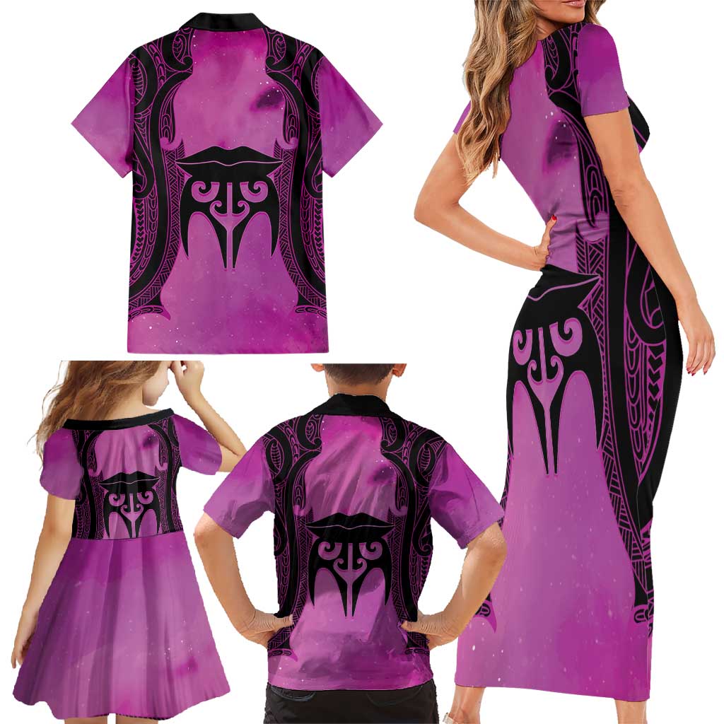 Personalised Moko Kauae New Zealand Family Matching Short Sleeve Bodycon Dress and Hawaiian Shirt Maori Chin Tattoo Pink - Aussie Hoodie