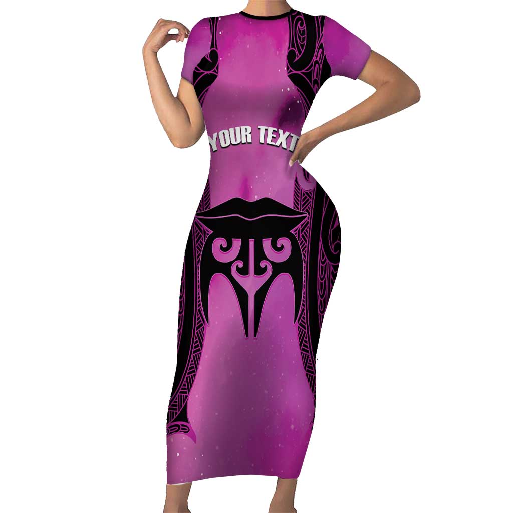 Personalised Moko Kauae New Zealand Family Matching Short Sleeve Bodycon Dress and Hawaiian Shirt Maori Chin Tattoo Pink - Aussie Hoodie